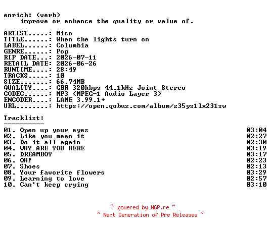 NFO for the release Mico-When_the_lights_turn_on-WEB-2026-ENRiCH by ENRiCH