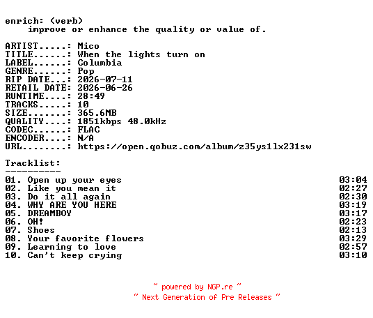 NFO for the release Mico-When_the_lights_turn_on-24BIT-WEB-FLAC-2026-ENRiCH by ENRiCH