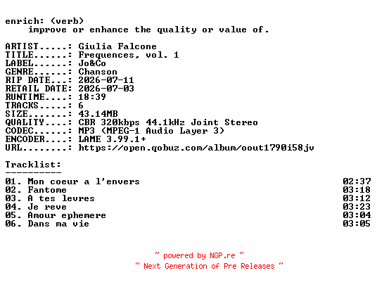 NFO for the release Giulia_Falcone-Frequences_vol._1-EP-WEB-FR-2026-ENRiCH by ENRiCH