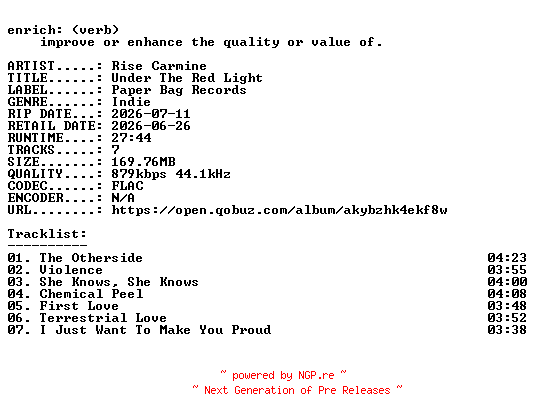 NFO for the release Rise_Carmine-Under_The_Red_Light-16BIT-WEB-FLAC-2026-ENRiCH by ENRiCH