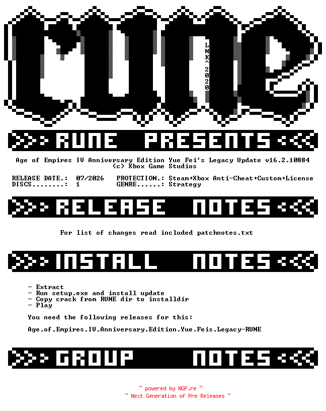 NFO for the release Age.of.Empires.IV.Anniversary.Edition.Yue.Feis.Legacy.Update.v16.2.10884-RUNE by RUNE