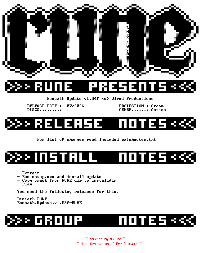 NFO for the release Beneath.Update.v1.04f-RUNE by RUNE