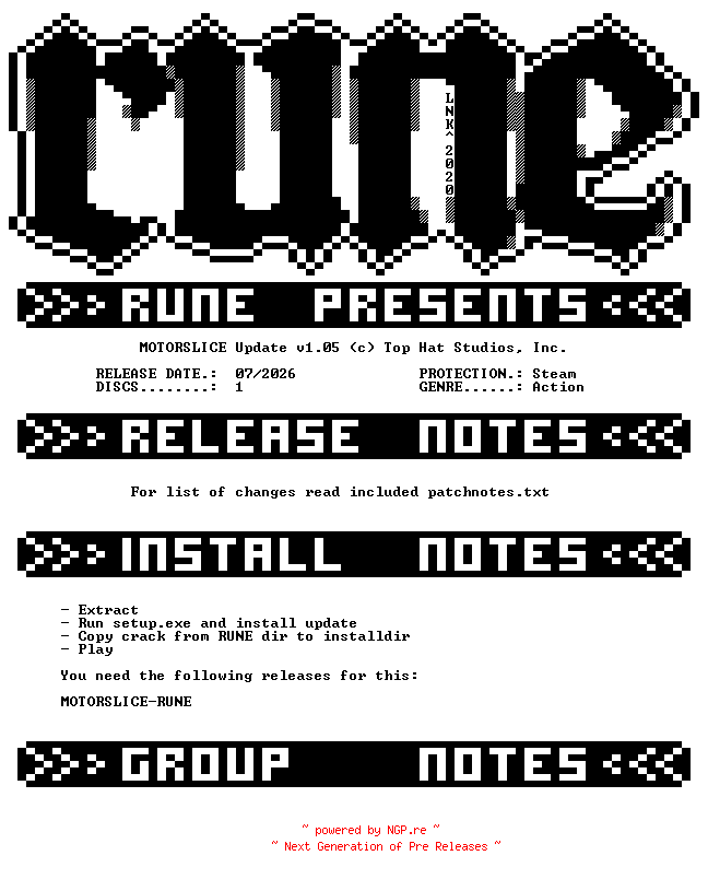NFO for the release MOTORSLICE.Update.v1.05-RUNE by RUNE