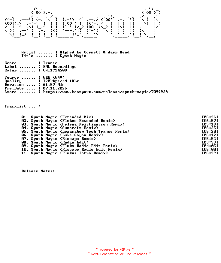 NFO for the release Alphed_Le_Cornett_And_JARR_Head-Synth_Magic-(CAT1914508)-WEB-2026-FALCON by FALCON