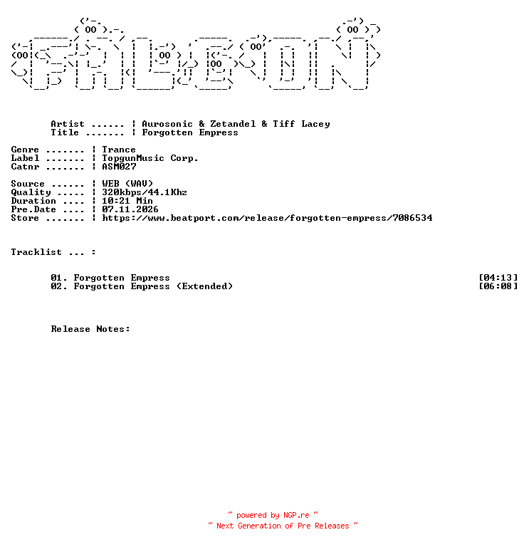 NFO for the release Aurosonic_And_Zetandel_And_Tiff_Lacey-Forgotten_Empress-(ASM027)-WEB-2026-FALCON by FALCON