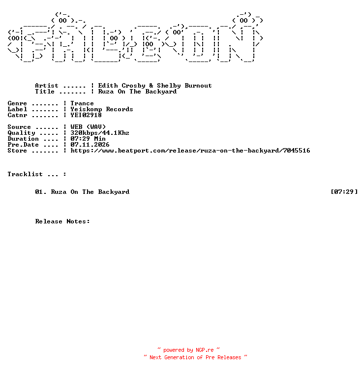 NFO for the release Edith_Crosby_And_Shelby_Burnout-Ruza_On_The_Backyard-(YEI02918)-SINGLE-WEB-2026-FALCON by FALCON