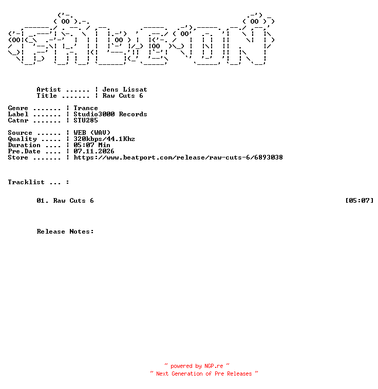 NFO for the release Jens_Lissat-Raw_Cuts_6-(STU285)-SINGLE-WEB-2026-FALCON by FALCON