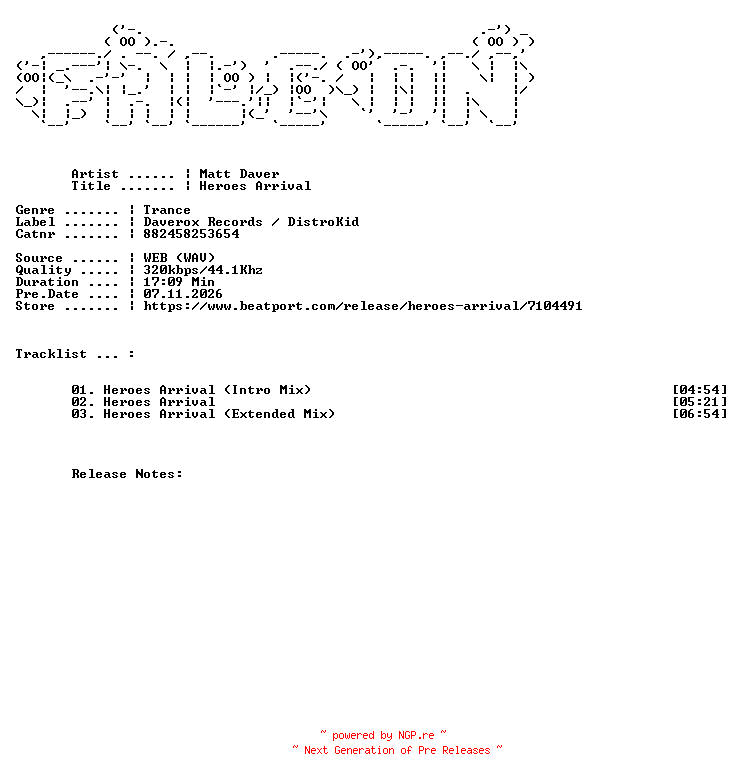 NFO for the release Matt_Daver-Heroes_Arrival-(882458253654)-WEB-2026-FALCON by FALCON