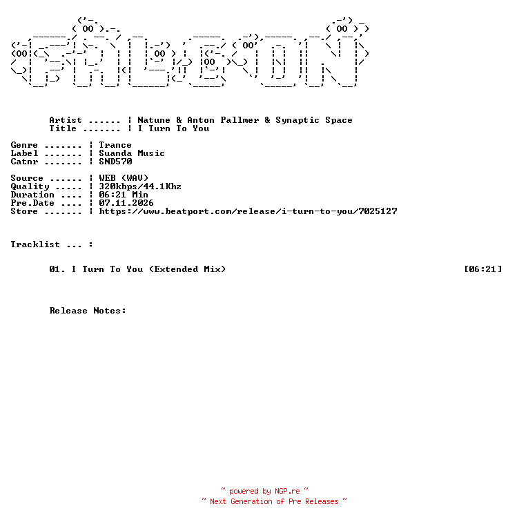 NFO for the release Natune_And_Anton_Pallmer_And_Synaptic_Space-I_Turn_To_You-(SND570)-SINGLE-WEB-2026-FALCON by FALCON