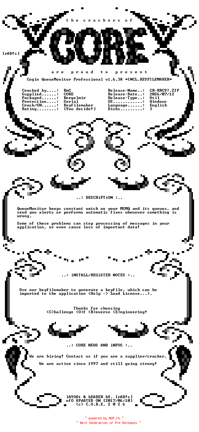 NFO for the release Cogin.QueueMonitor.Professional.v1.6.38.Incl.Keyfilemaker-CORE by CORE