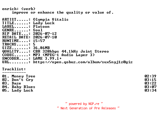 NFO for the release Olympia_Vitalis-Lady_Luck-EP-WEB-2026-ENRiCH by ENRiCH
