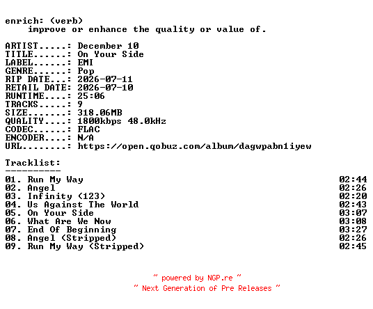 NFO for the release December_10-On_Your_Side-24BIT-WEB-FLAC-2026-ENRiCH by ENRiCH