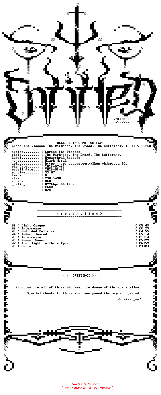 NFO for the release Spread_The_Disease-The_Darkness._The_Dread._The_Suffering.-16BIT-WEB-FLAC-2026-ENTiTLED by ENTiTLED