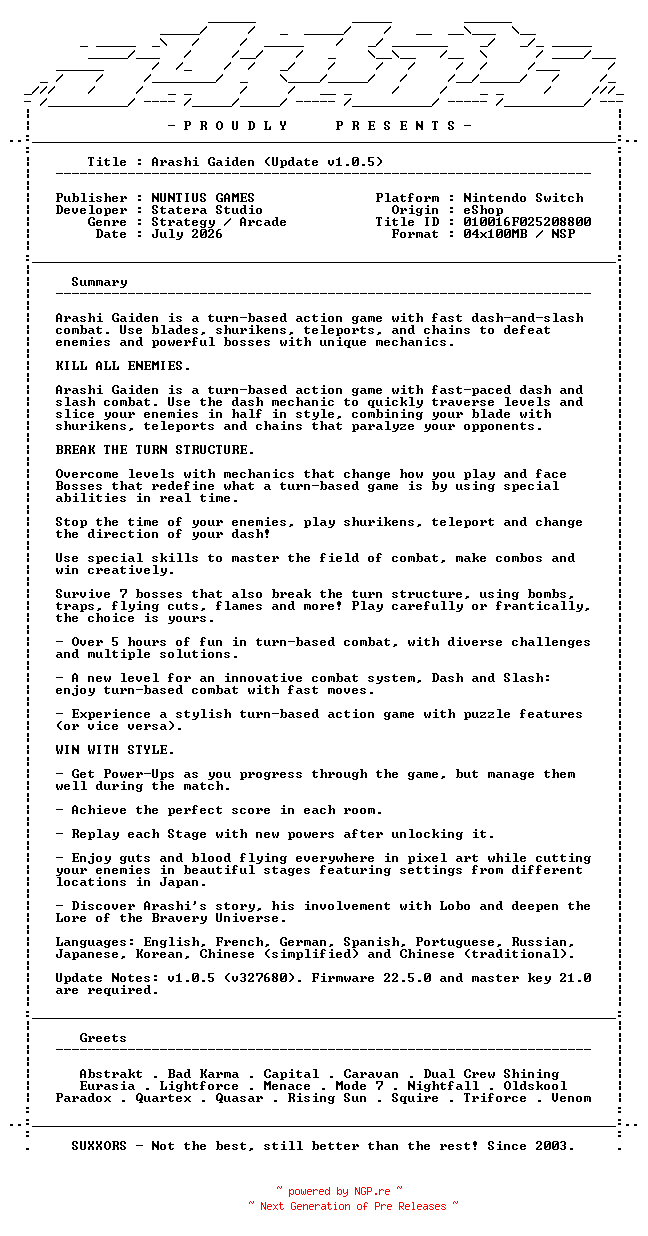 NFO for the release Arashi_Gaiden_Update_v1.0.5_NSW-SUXXORS by SUXXORS