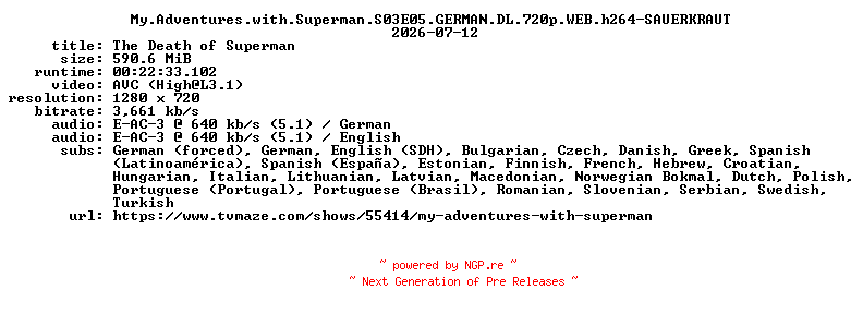 NFO for the release My.Adventures.with.Superman.S03E05.GERMAN.DL.720p.WEB.h264-SAUERKRAUT by SAUERKRAUT