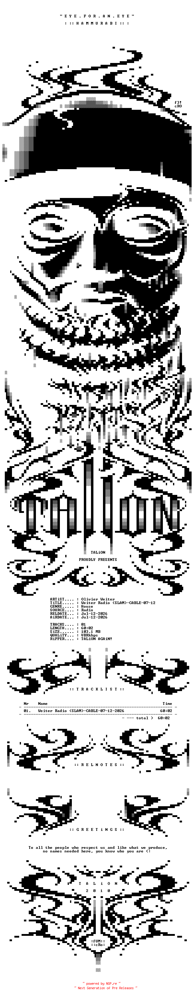 NFO for the release Olivier_Weiter_-_Weiter_Radio_(SLAM)-CABLE-07-12-2026-TALiON by TALiON