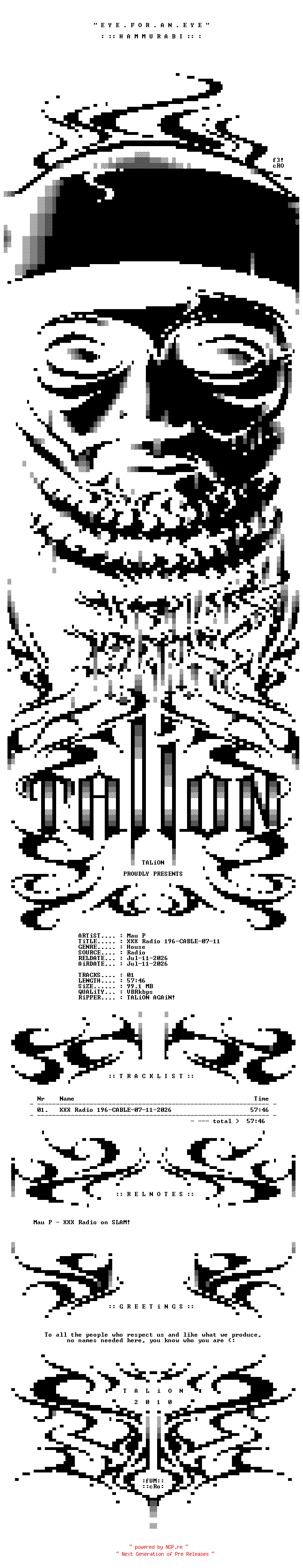 NFO for the release Mau_P_-_XXX_Radio_196-CABLE-07-11-2026-TALiON by TALiON