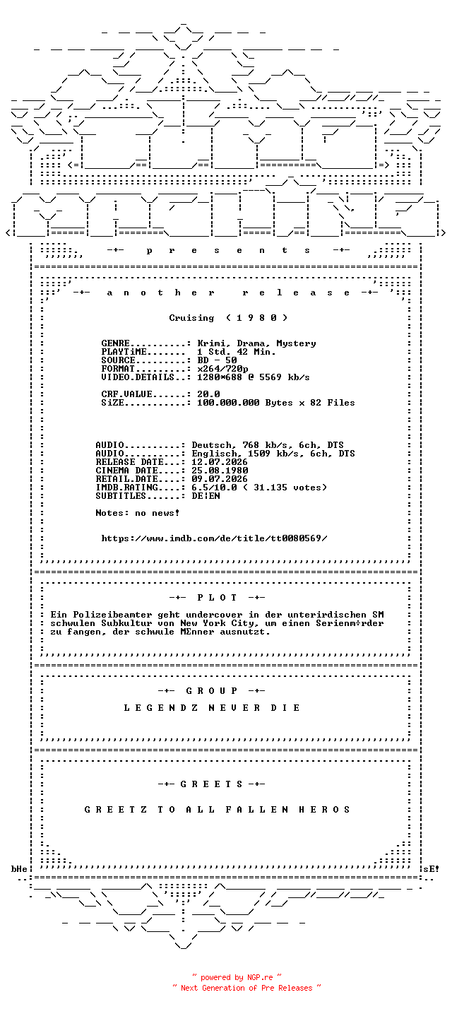 NFO for the release Cruising.1980.German.DL.720p.BluRay.x264-TM by TM