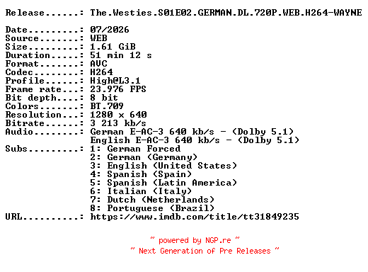NFO for the release The.Westies.S01E02.GERMAN.DL.720P.WEB.H264-WAYNE by WAYNE