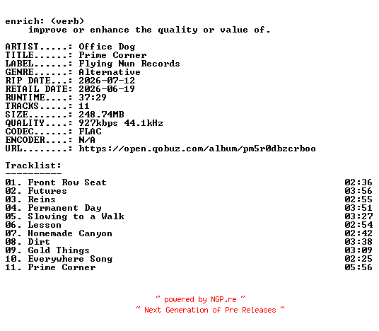NFO for the release Office_Dog-Prime_Corner-16BIT-WEB-FLAC-2026-ENRiCH by ENRiCH
