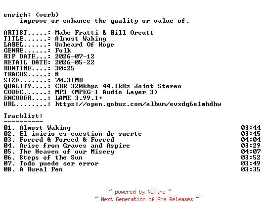 NFO for the release Mabe_Fratti_and_Bill_Orcutt-Almost_Waking-WEB-2026-ENRiCH by ENRiCH