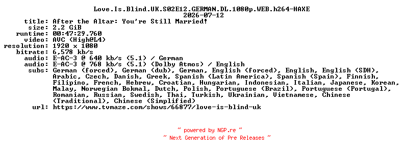 NFO for the release Love.Is.Blind.UK.S02E12.GERMAN.DL.1080p.WEB.h264-HAXE by HAXE