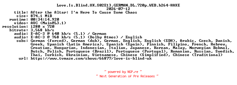 NFO for the release Love.Is.Blind.UK.S02E13.GERMAN.DL.720p.WEB.h264-HAXE by HAXE