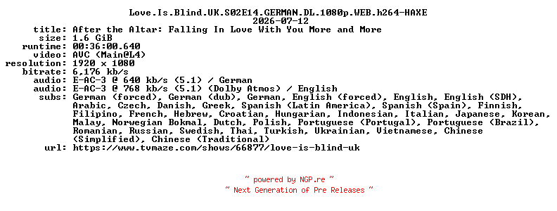 NFO for the release Love.Is.Blind.UK.S02E14.GERMAN.DL.1080p.WEB.h264-HAXE by HAXE