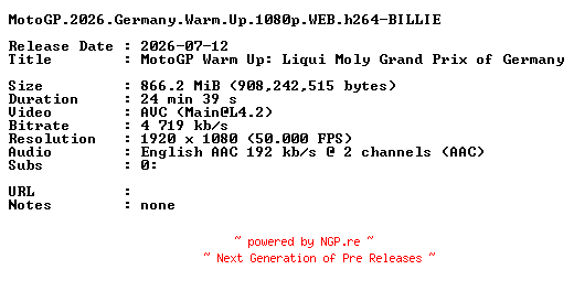 NFO for the release MotoGP.2026.Germany.Warm.Up.1080p.WEB.h264-BILLIE by BILLIE