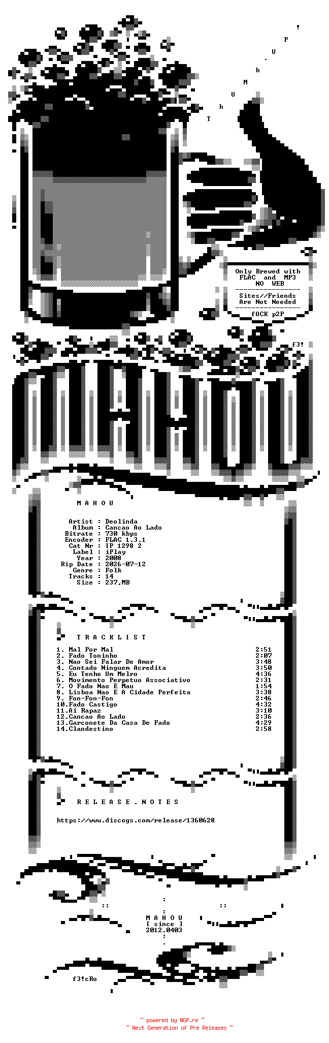 NFO for the release Deolinda-Cancao_Ao_Lado-PT-CD-FLAC-2008-MAHOU by MAHOU