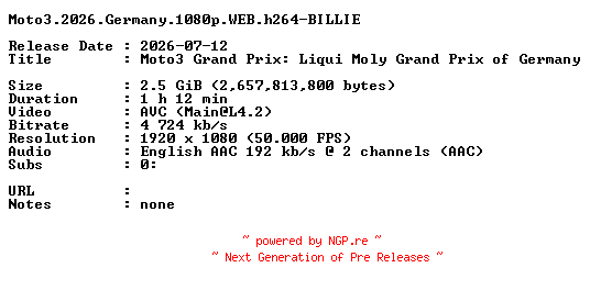 NFO for the release Moto3.2026.Germany.1080p.WEB.h264-BILLIE by BILLIE