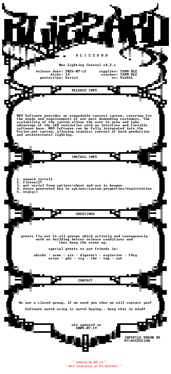 NFO for the release Neo.Lighting.Control.v4.2.1.WinALL.Incl.Keygen-BLiZZARD by BLiZZARD