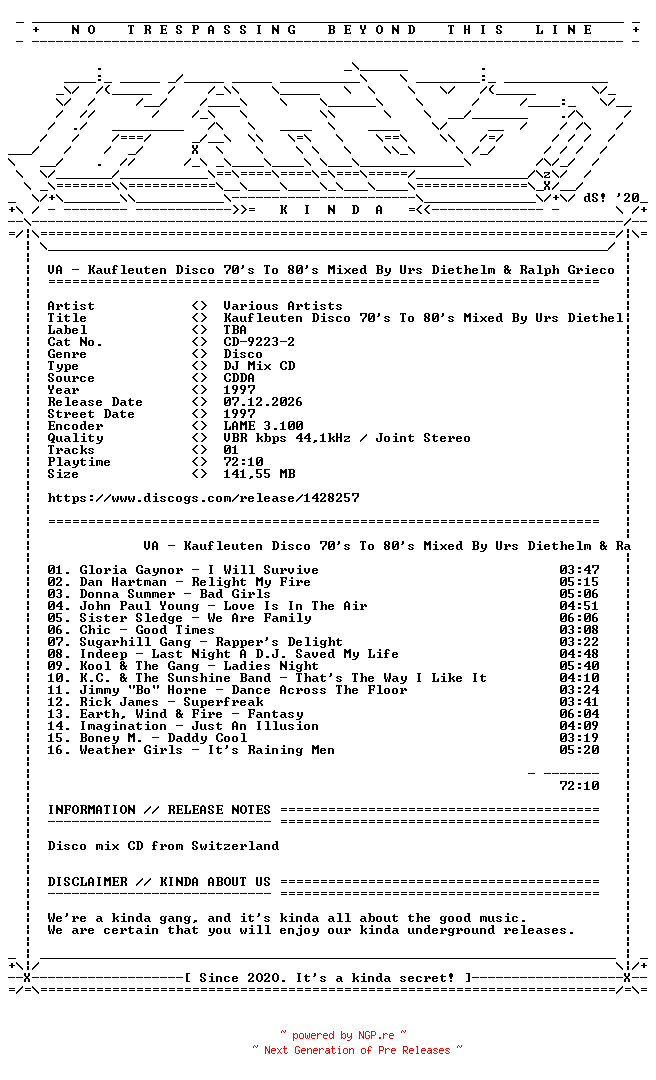 NFO for the release VA-Kaufleuten_Disco_70s_To_80s_Mixed_By_Urs_Diethelm_and_Ralph_Grieco-(CD92232)-CD-1997-KINDA by KINDA