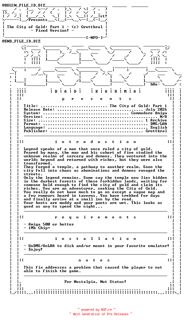 NFO for the release The_City_of_Gold_Part_1_Fixed_AMIGA-bADkARMA by bADkARMA