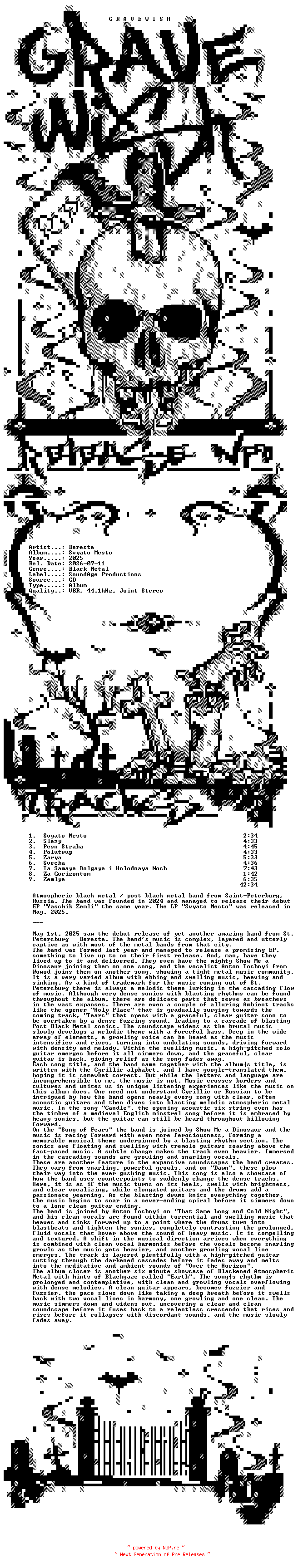 NFO for the release Beresta-Svyato_Mesto-CD-RU-2025-GRAVEWISH by GRAVEWISH