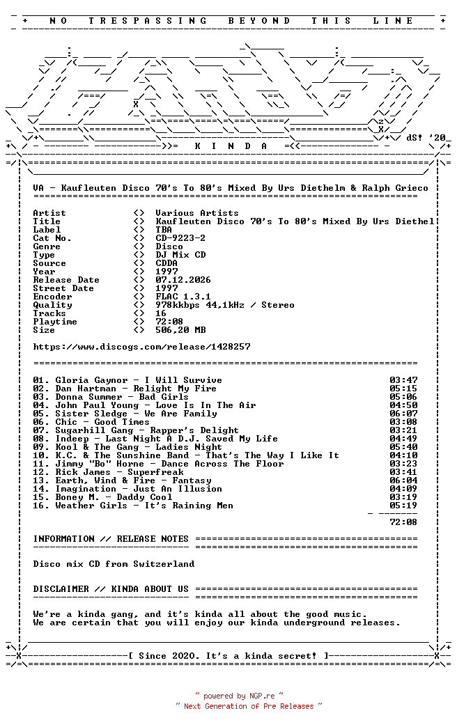 NFO for the release VA-Kaufleuten_Disco_70s_To_80s_Mixed_By_Urs_Diethelm_and_Ralph_Grieco-(CD92232)-CD-FLAC-1997-KINDA by KINDA