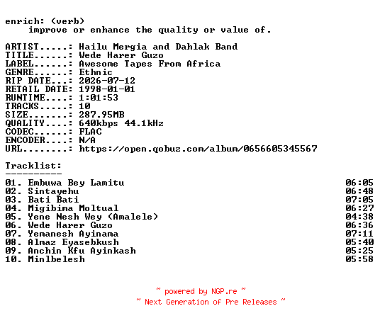 NFO for the release Hailu_Mergia_and_Dahlak_Band-Wede_Harer_Guzo-16BIT-WEB-FLAC-2016-ENRiCH by ENRiCH