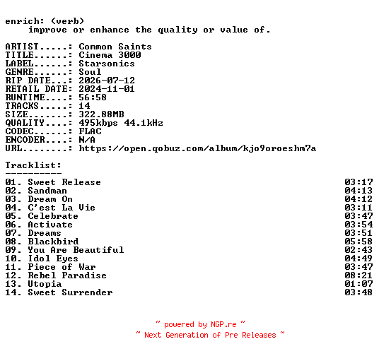 NFO for the release Common_Saints-Cinema_3000-16BIT-WEB-FLAC-2024-ENRiCH by ENRiCH