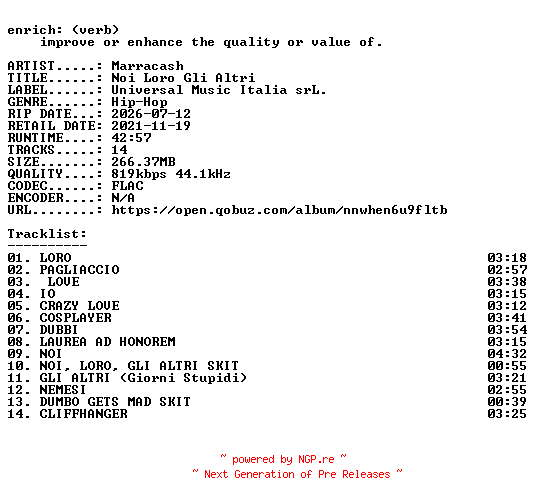 NFO for the release Marracash-Noi_Loro_Gli_Altri-IT-16BIT-WEB-FLAC-2021-ENRiCH by ENRiCH