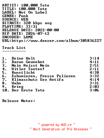 NFO for the release 100.000_Tote-100.000_Tote-WEB-DE-2022-SDR by SDR
