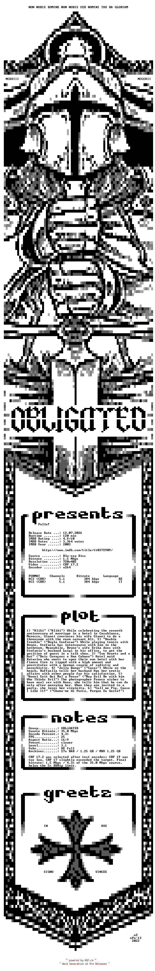 NFO for the release Fallo.2003.ALTERNATIVE.CUT.German.DL.BDRIP.x264-OBLiGATED by OBLiGATED