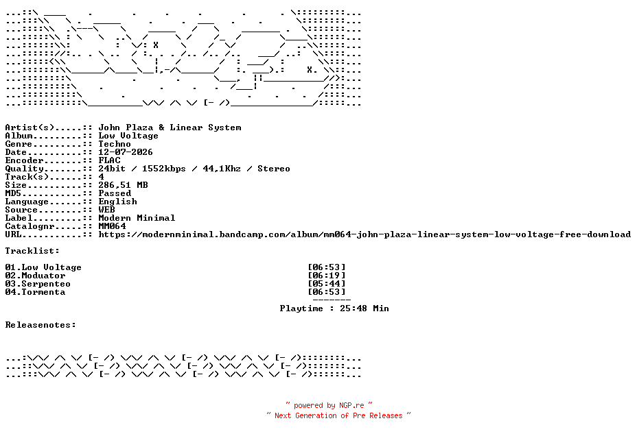 NFO for the release John_Plaza_And_Linear_System-Low_Voltage-MM064-24BIT-WEB-FLAC-2026-WAVED by WAVED