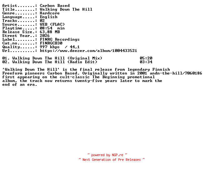 NFO for the release Carbon_Based-Walking_Down_The_Hill-(FINRGCB30)-16BIT-WEB-FLAC-2026-c05 by c05