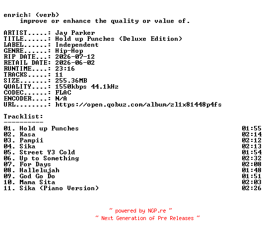 NFO for the release Jay_Parker-Hold_up_Punches_(Deluxe_Edition)-24BIT-WEB-FLAC-2026-ENRiCH by ENRiCH