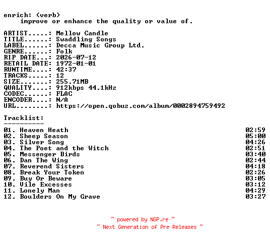 NFO for the release Mellow_Candle-Swaddling_Songs-16BIT-WEB-FLAC-2007-ENRiCH by ENRiCH