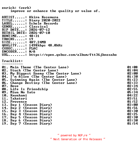 NFO for the release Akira_Kosemura-Diary_2020-2022-24BIT-WEB-FLAC-2026-ENRiCH by ENRiCH