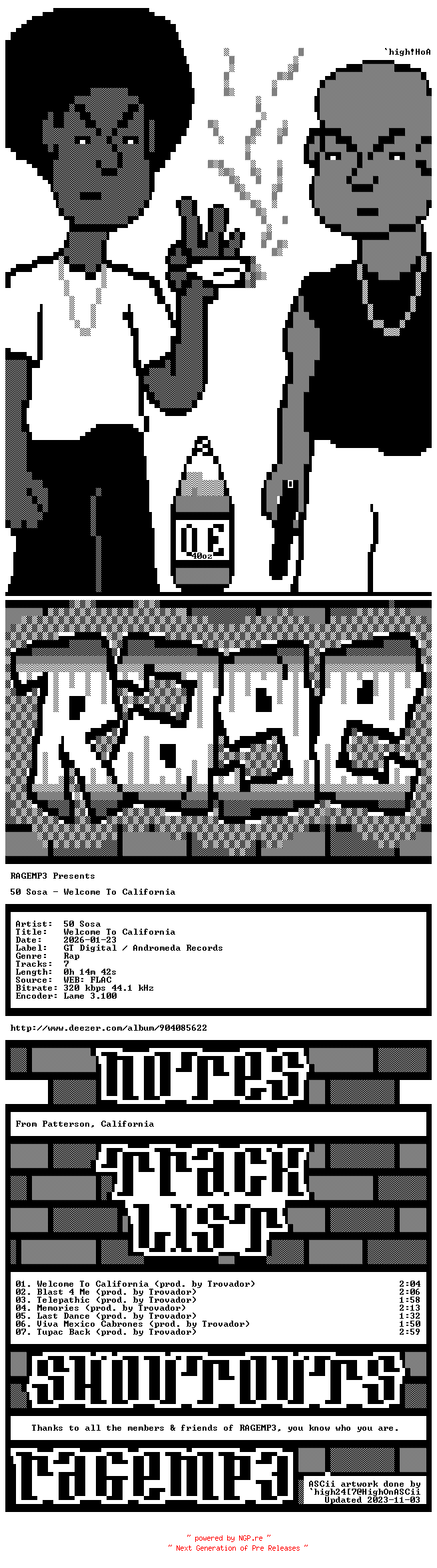 NFO for the release 50_Sosa-Welcome_To_California-WEB-2026-RAGEMP3 by RAGEMP3