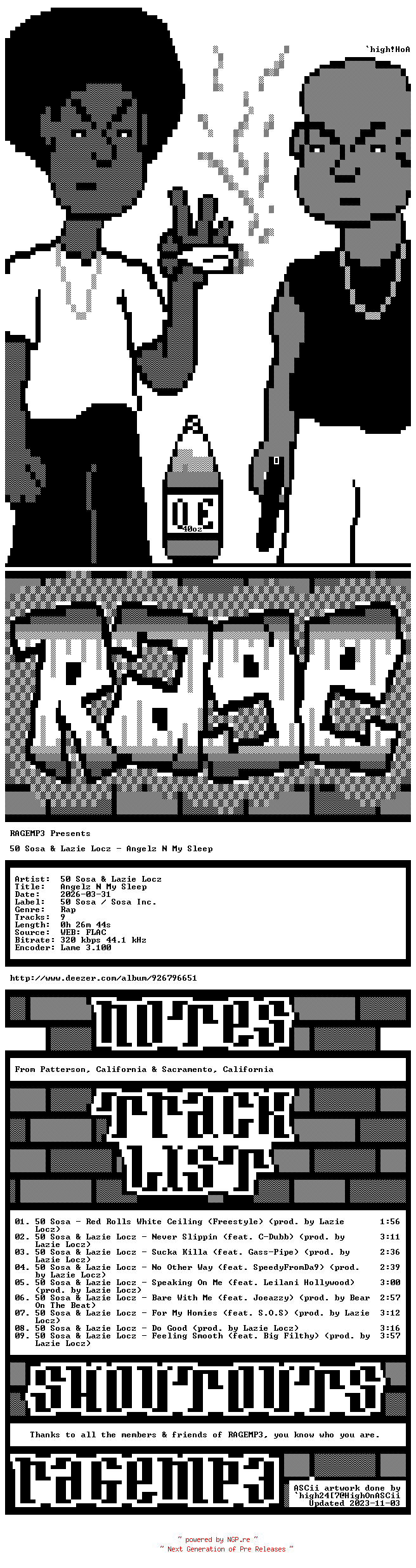 NFO for the release 50_Sosa_And_Lazie_Locz-Angelz_N_My_Sleep-WEB-2026-RAGEMP3 by RAGEMP3
