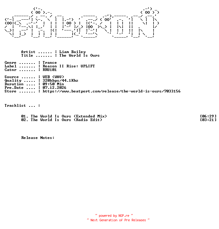 NFO for the release Liam_Bailey-The_World_Is_Ours-(RRU101)-WEB-2026-FALCON by FALCON