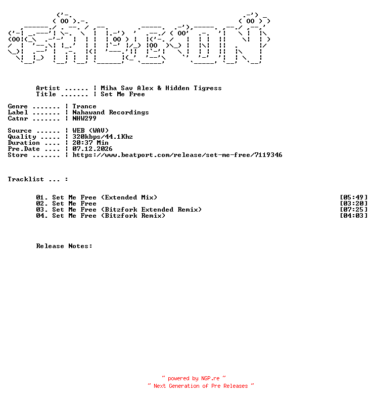 NFO for the release Miha_Sav_Alex_And_Hidden_Tigress-Set_Me_Free-(NHW299)-WEB-2026-FALCON by FALCON
